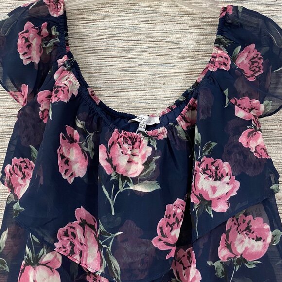 Lucy Pass Navy Floral Chiffon Ruffled Blouse With Pink Peony Print - Small NWT - Picture 4 of 7